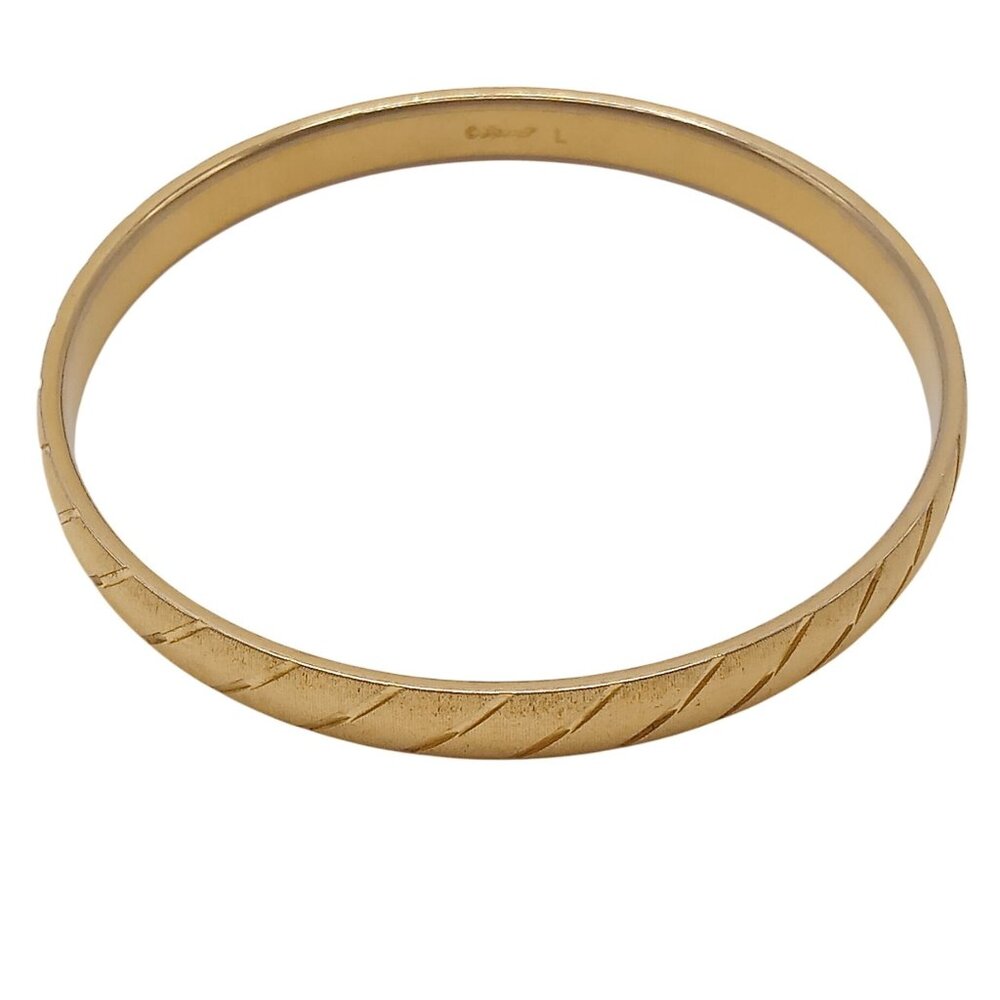 Vintage Monet L Signed Bangle Gold Tone Diamond Cut Textured Bracelet 8 1/4 "